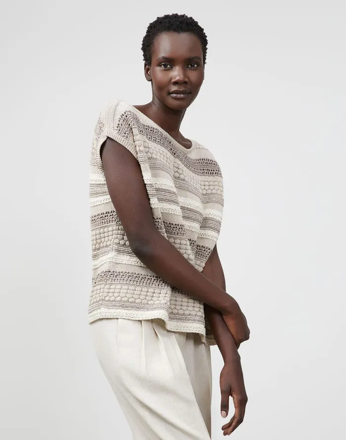 Women Lafayette 148 New York Sweaters Cotton Silk Tape Mixed Stitch Bateau Neck Sweater Smoked Taupe Multi