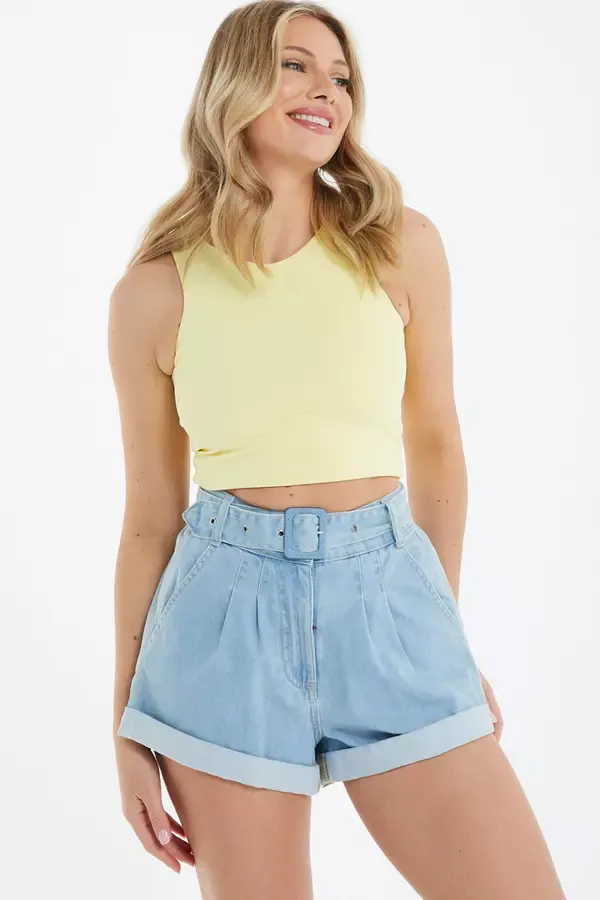 Women Light Blue Denim Belted Shorts Quiz Clothing Shorts