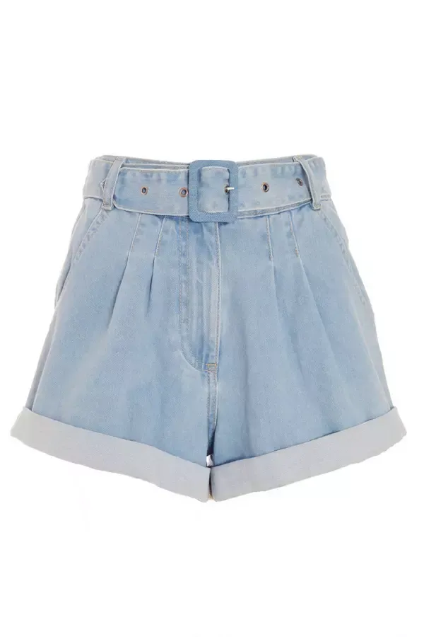 Women Light Blue Denim Belted Shorts Quiz Clothing Shorts
