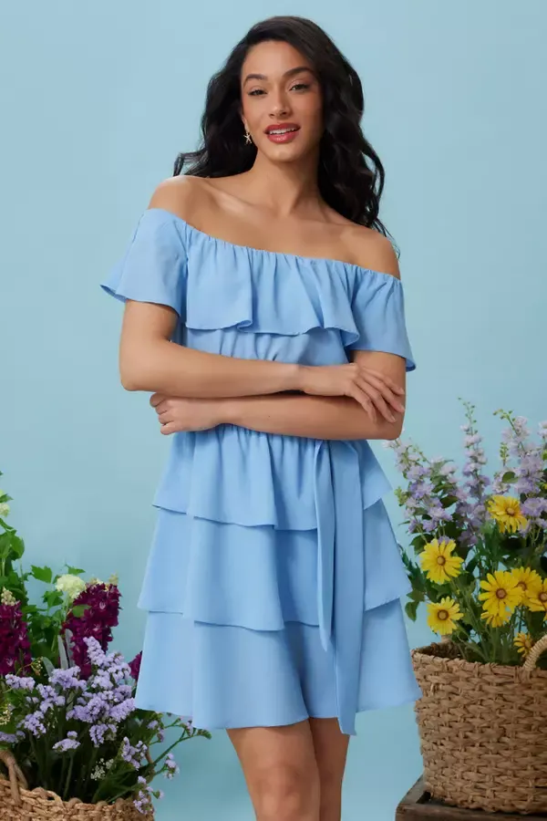 Women Light Blue Tiered Bardot Mini Dress Quiz Clothing Dresses