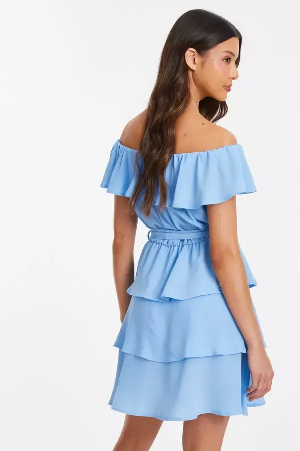 Women Light Blue Tiered Bardot Mini Dress Quiz Clothing Dresses
