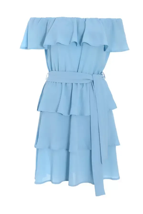 Women Light Blue Tiered Bardot Mini Dress Quiz Clothing Dresses