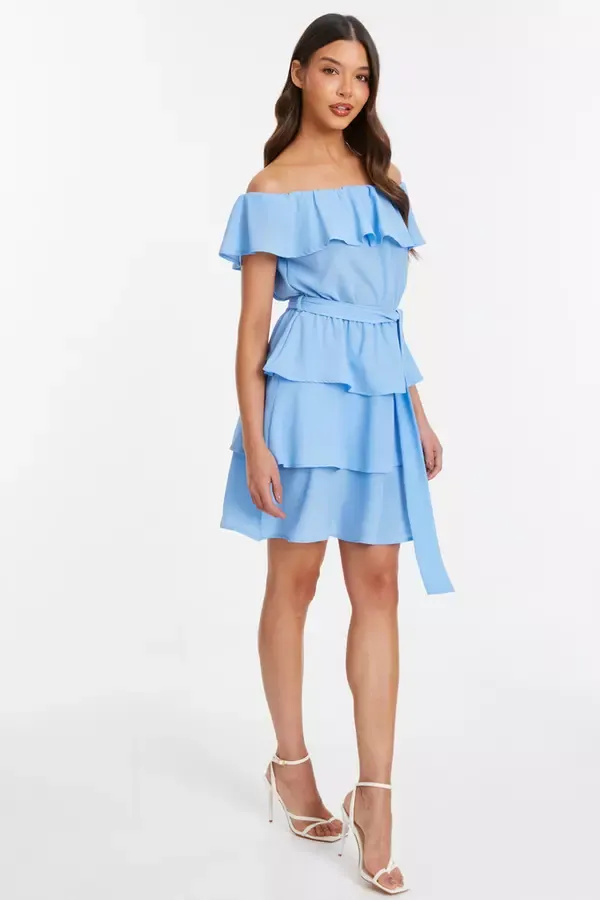 Women Light Blue Tiered Bardot Mini Dress Quiz Clothing Dresses