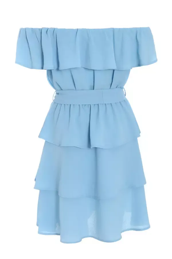 Women Light Blue Tiered Bardot Mini Dress Quiz Clothing Dresses