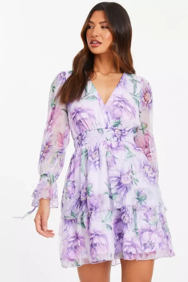 Women Lilac Floral Chiffon Tiered Skater Dress Quiz Clothing Dresses