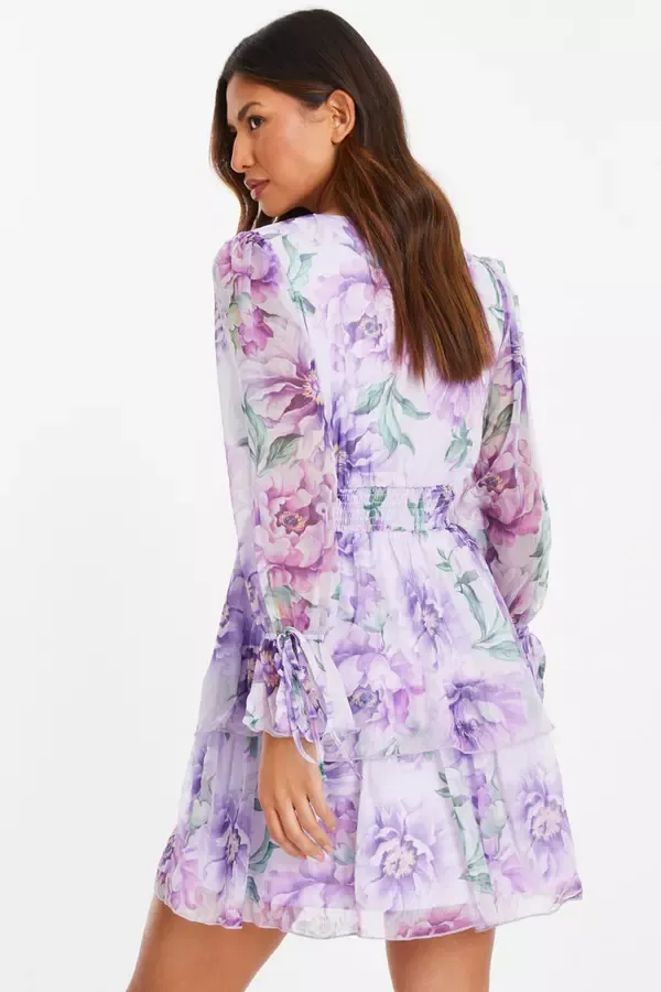 Women Lilac Floral Chiffon Tiered Skater Dress Quiz Clothing Dresses