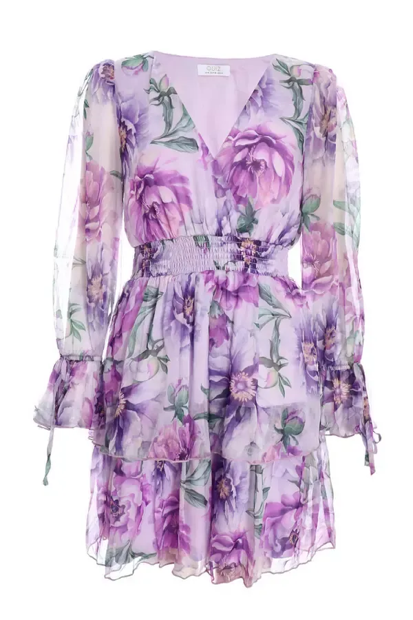 Women Lilac Floral Chiffon Tiered Skater Dress Quiz Clothing Dresses