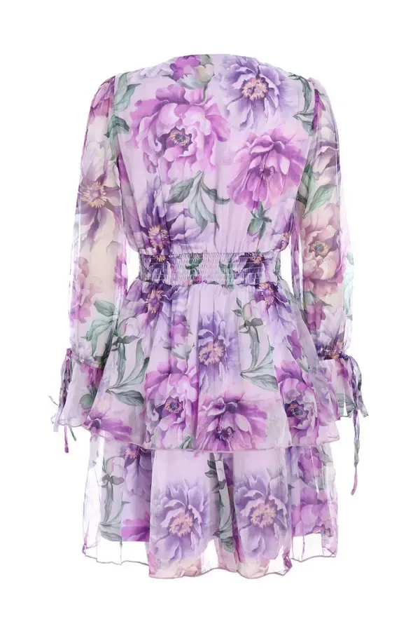Women Lilac Floral Chiffon Tiered Skater Dress Quiz Clothing Dresses