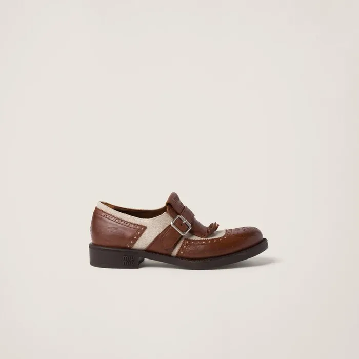 Women Loafers And LaceUps Miu Miu Church039s X Miu Miu Shanghai Leather And Linen Shoes Walnut Brown Cord Women Loafers And LaceUps Miu Miu Church039s X Miu Miu Shanghai Leather And Linen Shoes Walnut Brown Cord