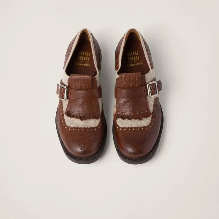 Women Loafers And LaceUps Miu Miu Church039s X Miu Miu Shanghai Leather And Linen Shoes Walnut Brown Cord Women Loafers And LaceUps Miu Miu Church039s X Miu Miu Shanghai Leather And Linen Shoes Walnut Brown Cord