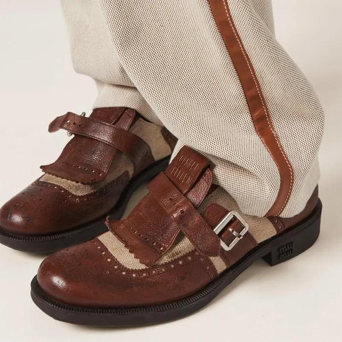 Women Loafers And LaceUps Miu Miu Church039s X Miu Miu Shanghai Leather And Linen Shoes Walnut Brown Cord Women Loafers And LaceUps Miu Miu Church039s X Miu Miu Shanghai Leather And Linen Shoes Walnut Brown Cord