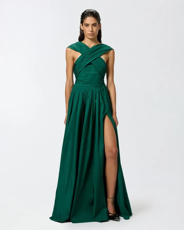 Women Long Dresses Pinko Elegant Long Taffeta Dress With Open Shoulders Dark Bottle Green