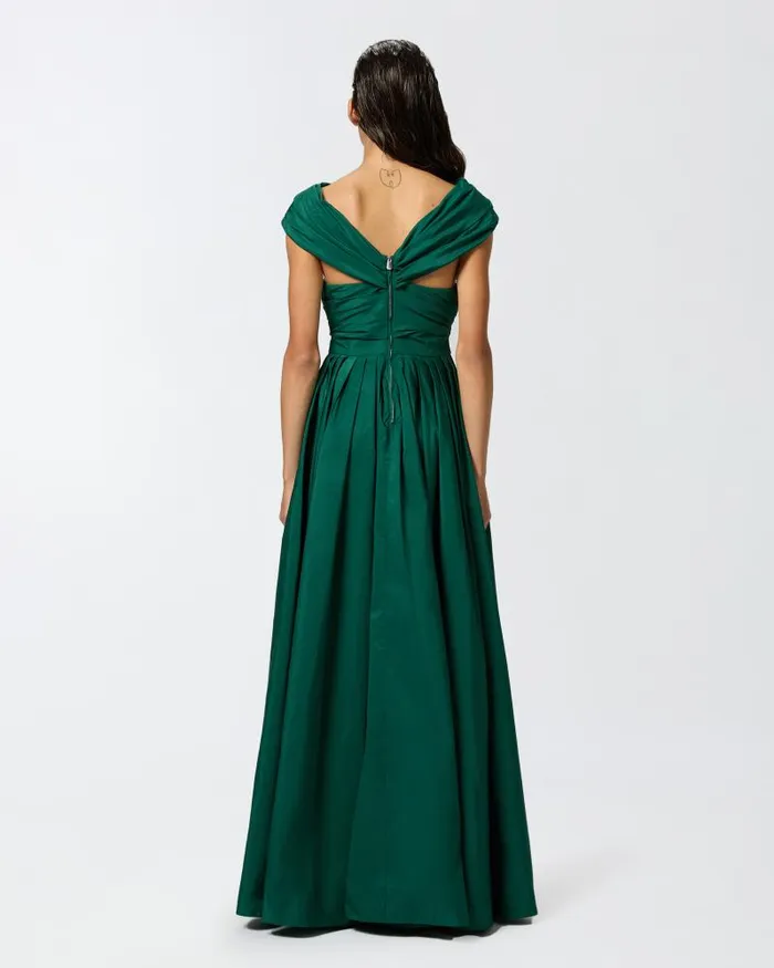 Women Long Dresses Pinko Elegant Long Taffeta Dress With Open Shoulders Dark Bottle Green Women Long Dresses Pinko Elegant Long Taffeta Dress With Open Shoulders Dark Bottle Green