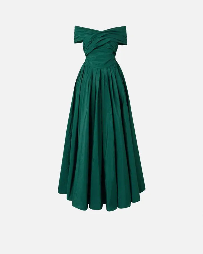 Women Long Dresses Pinko Elegant Long Taffeta Dress With Open Shoulders Dark Bottle Green Women Long Dresses Pinko Elegant Long Taffeta Dress With Open Shoulders Dark Bottle Green