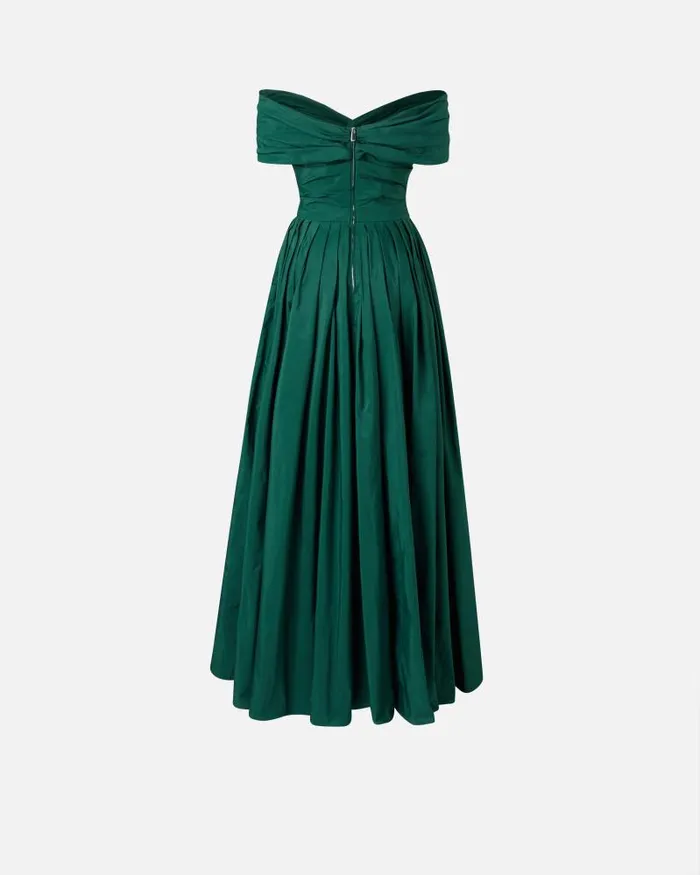 Women Long Dresses Pinko Elegant Long Taffeta Dress With Open Shoulders Dark Bottle Green Women Long Dresses Pinko Elegant Long Taffeta Dress With Open Shoulders Dark Bottle Green