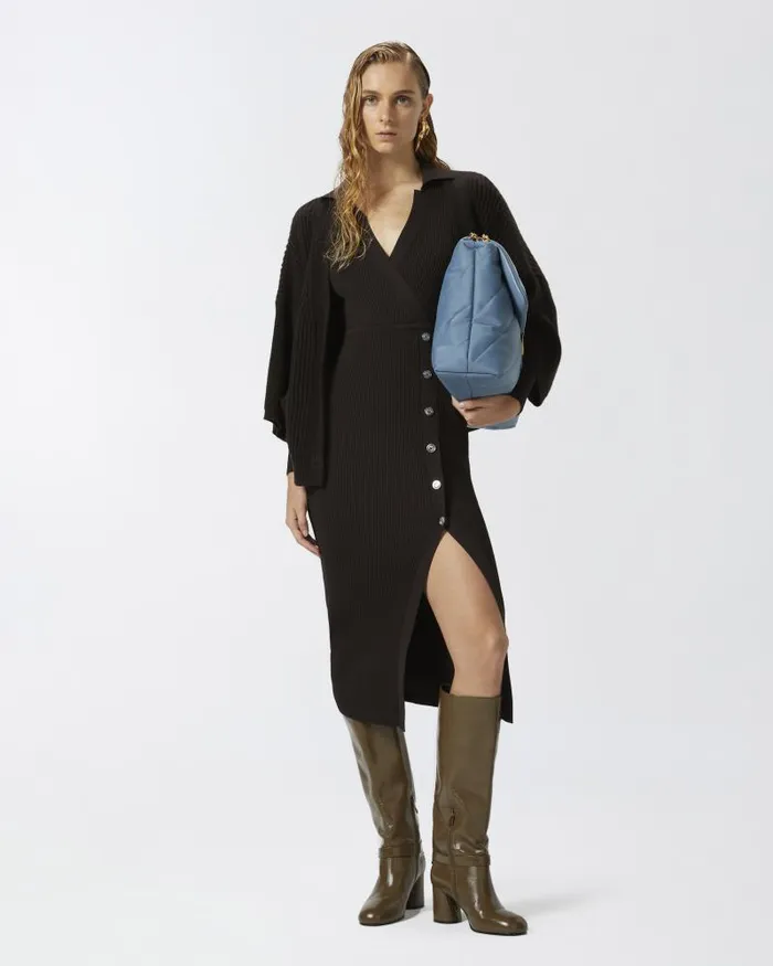 Women Long Dresses Pinko Long Ribbed Knit Dress With Golden Buttons Very Dark Brown