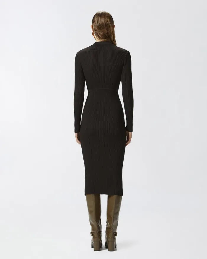 Women Long Dresses Pinko Long Ribbed Knit Dress With Golden Buttons Very Dark Brown Women Long Dresses Pinko Long Ribbed Knit Dress With Golden Buttons Very Dark Brown