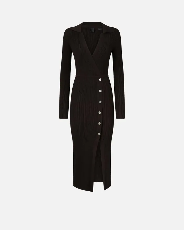 Women Long Dresses Pinko Long Ribbed Knit Dress With Golden Buttons Very Dark Brown Women Long Dresses Pinko Long Ribbed Knit Dress With Golden Buttons Very Dark Brown
