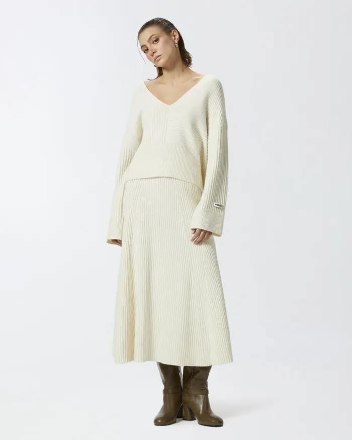 Women MidCalf Length Skirts Pinko Flared Cashmereblend Ribbed Knit Skirt Meringue White