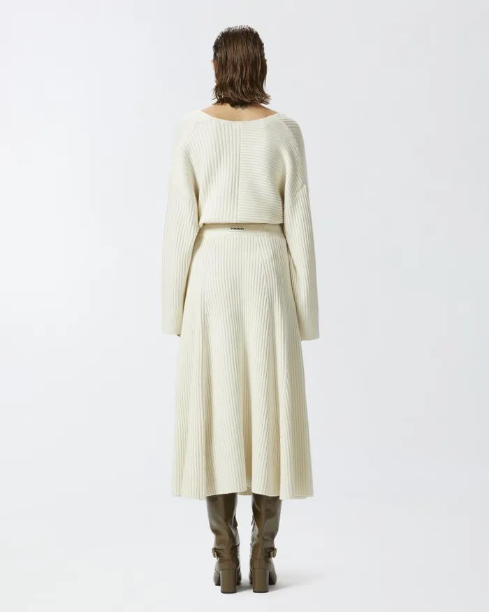 Women MidCalf Length Skirts Pinko Flared Cashmereblend Ribbed Knit Skirt Meringue White Women MidCalf Length Skirts Pinko Flared Cashmereblend Ribbed Knit Skirt Meringue White
