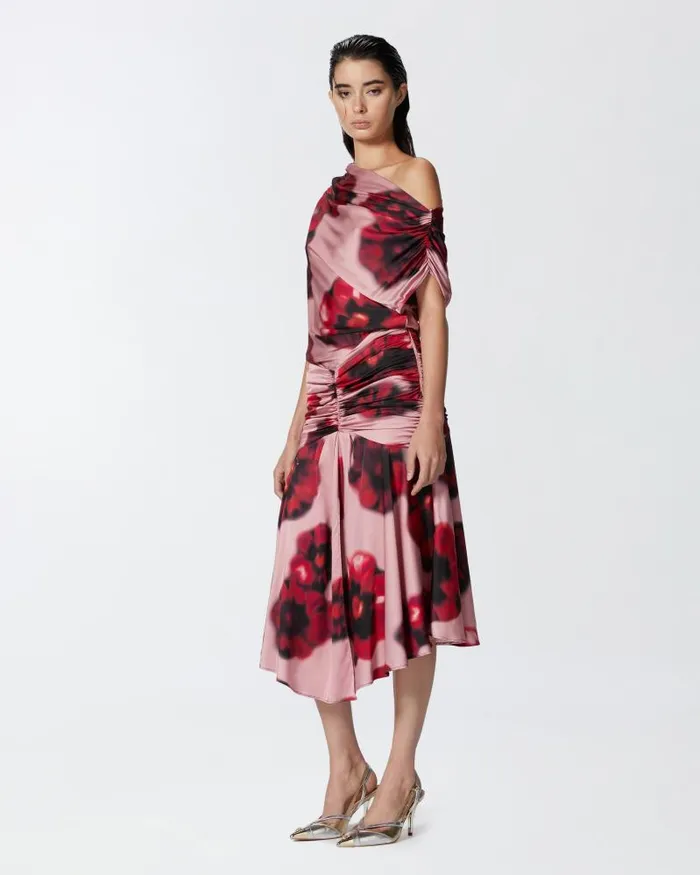 Women MidLength Dresses Pinko Fadeeffect Midi Dress With Floral Print And Draping Pinkred Women MidLength Dresses Pinko Fadeeffect Midi Dress With Floral Print And Draping Pinkred
