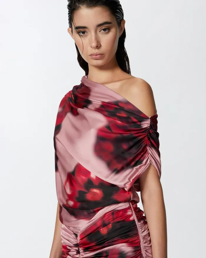 Women MidLength Dresses Pinko Fadeeffect Midi Dress With Floral Print And Draping Pinkred Women MidLength Dresses Pinko Fadeeffect Midi Dress With Floral Print And Draping Pinkred