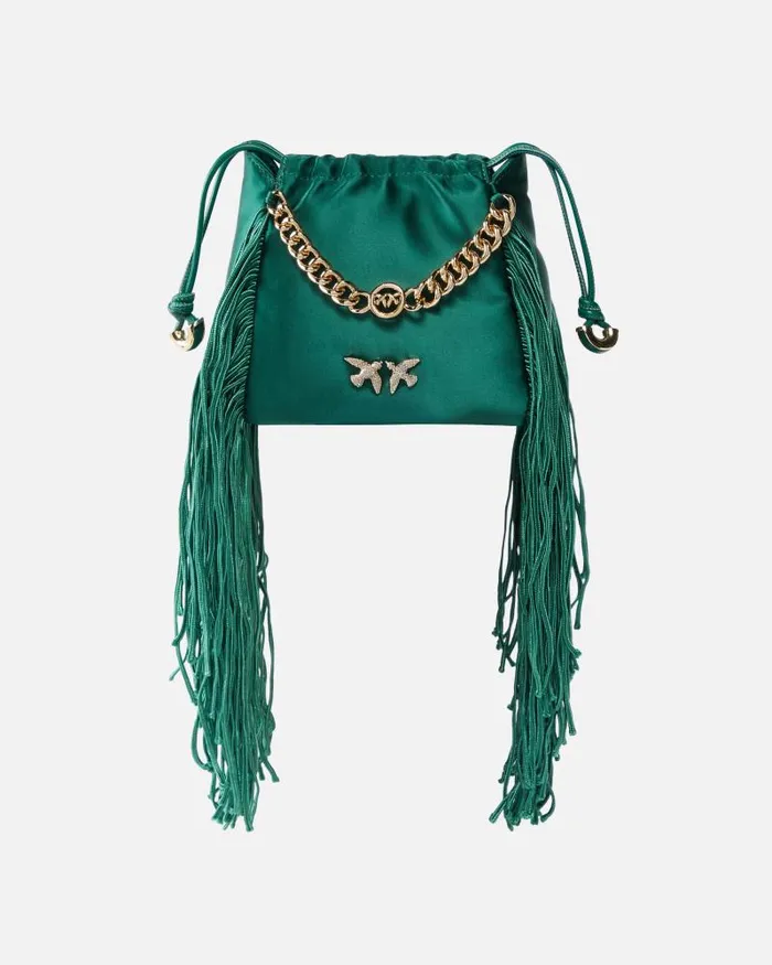 Women Mini Bags Pinko Satin Mini Clutch With Fringing Dark Bottle Greengold
