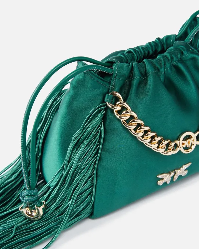 Women Mini Bags Pinko Satin Mini Clutch With Fringing Dark Bottle Greengold Women Mini Bags Pinko Satin Mini Clutch With Fringing Dark Bottle Greengold