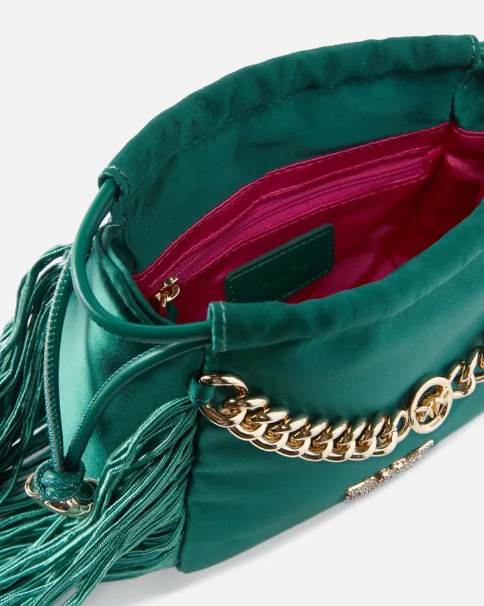 Women Mini Bags Pinko Satin Mini Clutch With Fringing Dark Bottle Greengold Women Mini Bags Pinko Satin Mini Clutch With Fringing Dark Bottle Greengold