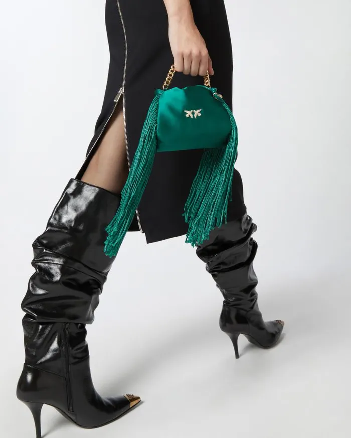 Women Mini Bags Pinko Satin Mini Clutch With Fringing Dark Bottle Greengold Women Mini Bags Pinko Satin Mini Clutch With Fringing Dark Bottle Greengold