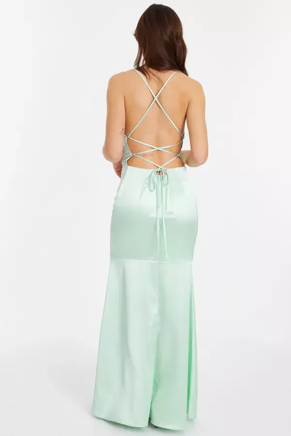 Women Mint Satin Cross Back Maxi Dress Quiz Clothing Dresses