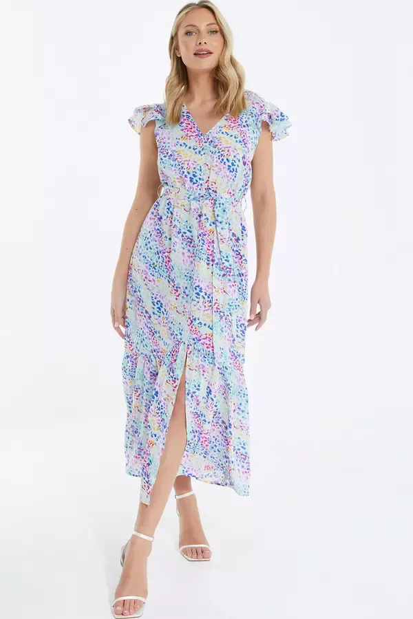 Women Multicoloured Animal Print Frill Sleeve Midi Dress Quiz Clothing Casual Clothing