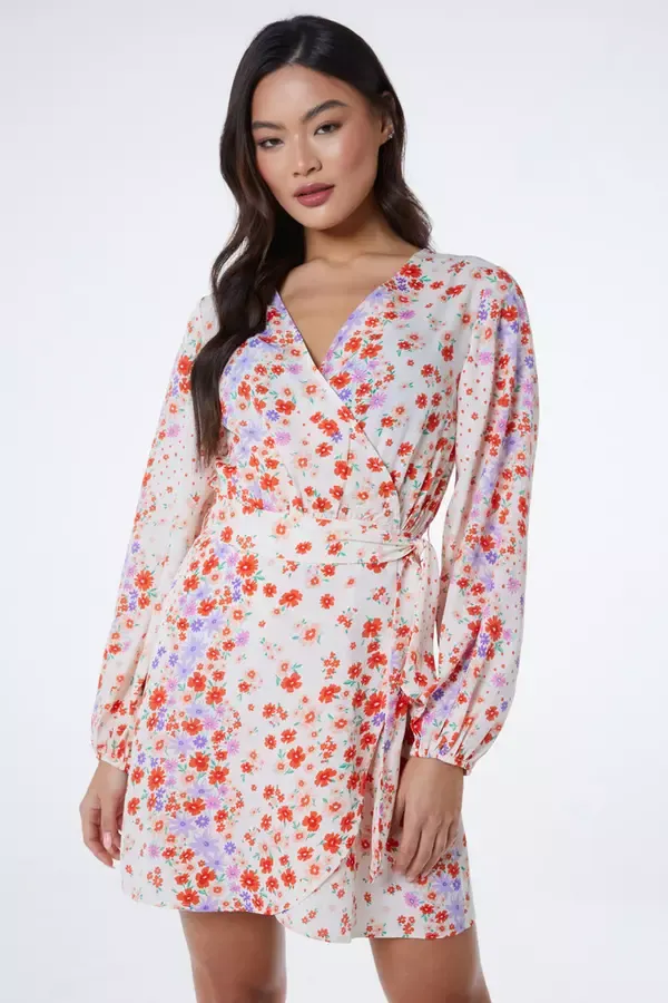 Women Multicoloured Floral Wrap Tie Mini Dress Quiz Clothing Dresses