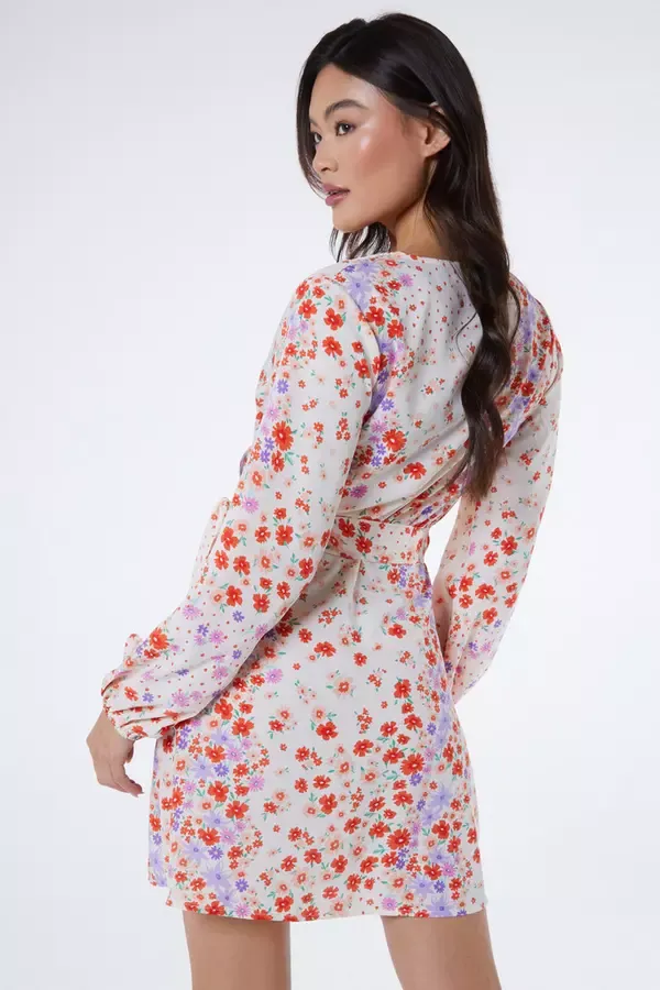 Women Multicoloured Floral Wrap Tie Mini Dress Quiz Clothing Dresses