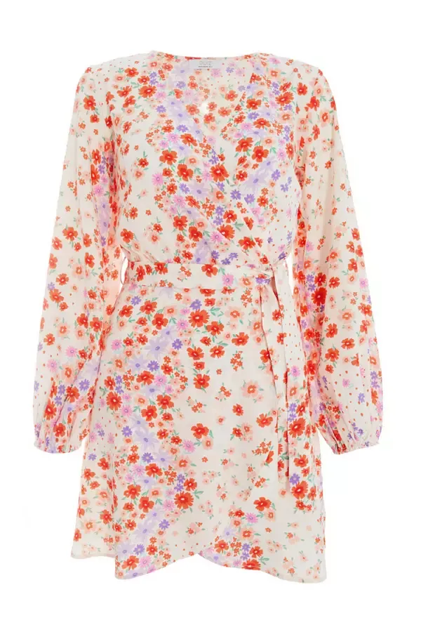 Women Multicoloured Floral Wrap Tie Mini Dress Quiz Clothing Dresses