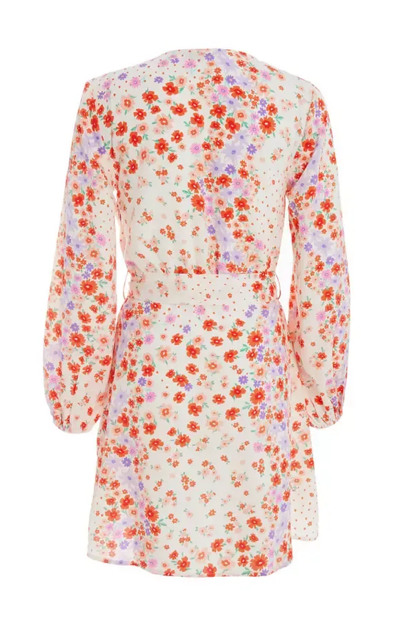Women Multicoloured Floral Wrap Tie Mini Dress Quiz Clothing Dresses