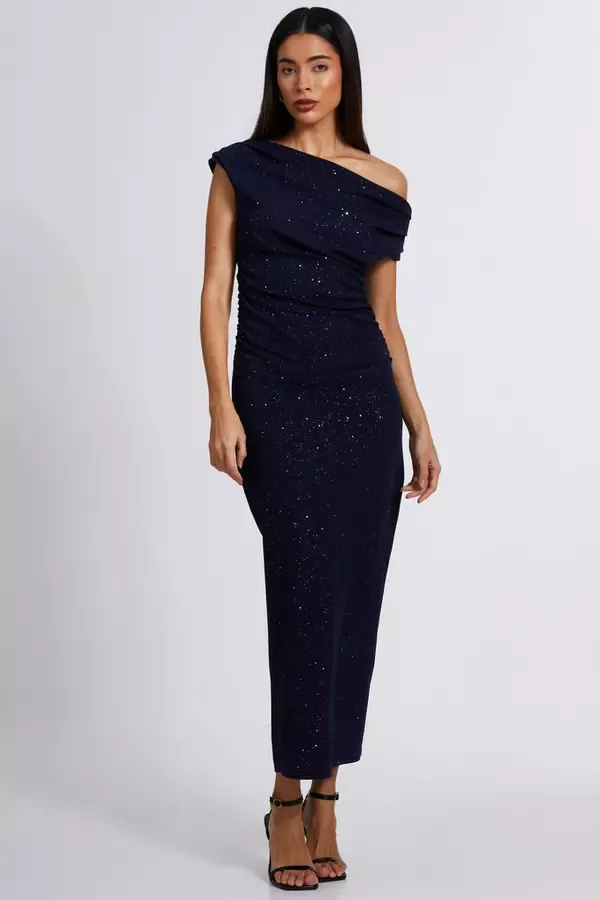 Women Navy Glitter Asymmetric Midaxi Dress Quiz Clothing Going Out