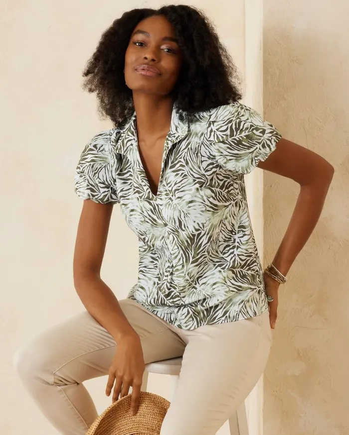 Women Nova Wave Monstera Mirage PuffSleeve Top Tea Leaf Tommy Bahama Tops and Shirts