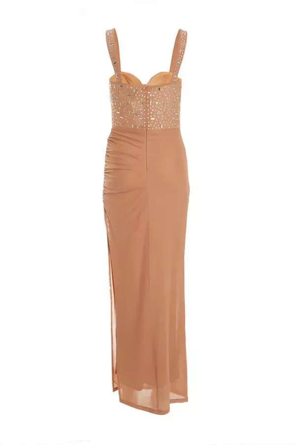 Women Nude Rhinestone Split Leg Maxi Dress Quiz Clothing Dresses