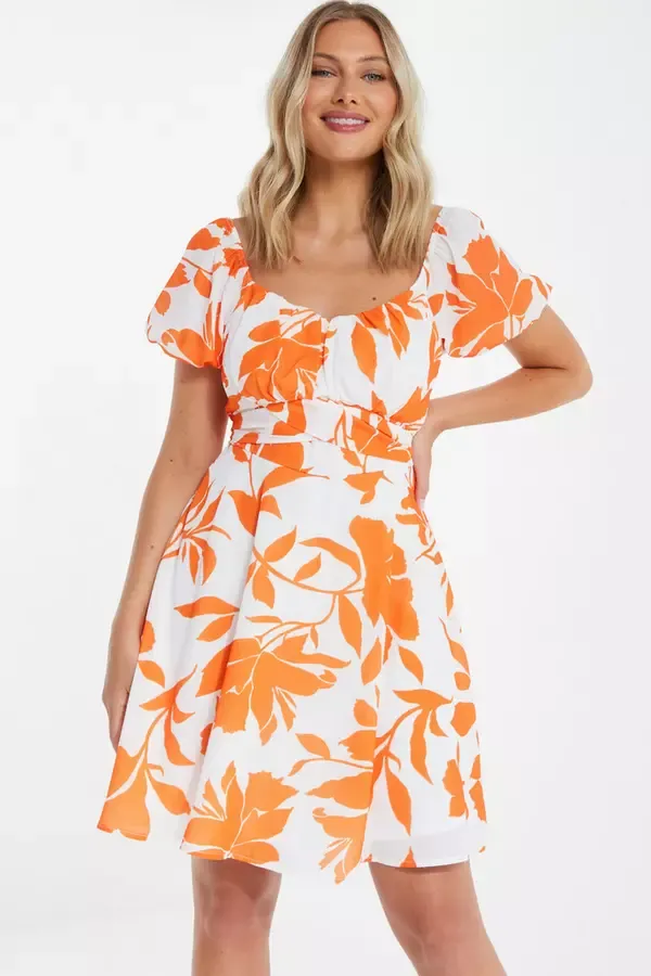 Women Orange Floral Skater Mini Dress Quiz Clothing Dresses