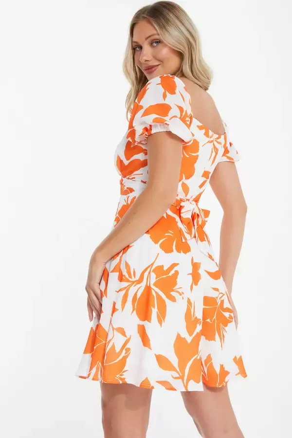 Women Orange Floral Skater Mini Dress Quiz Clothing Dresses