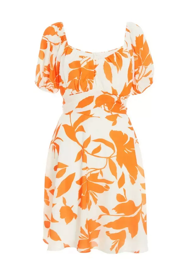 Women Orange Floral Skater Mini Dress Quiz Clothing Dresses