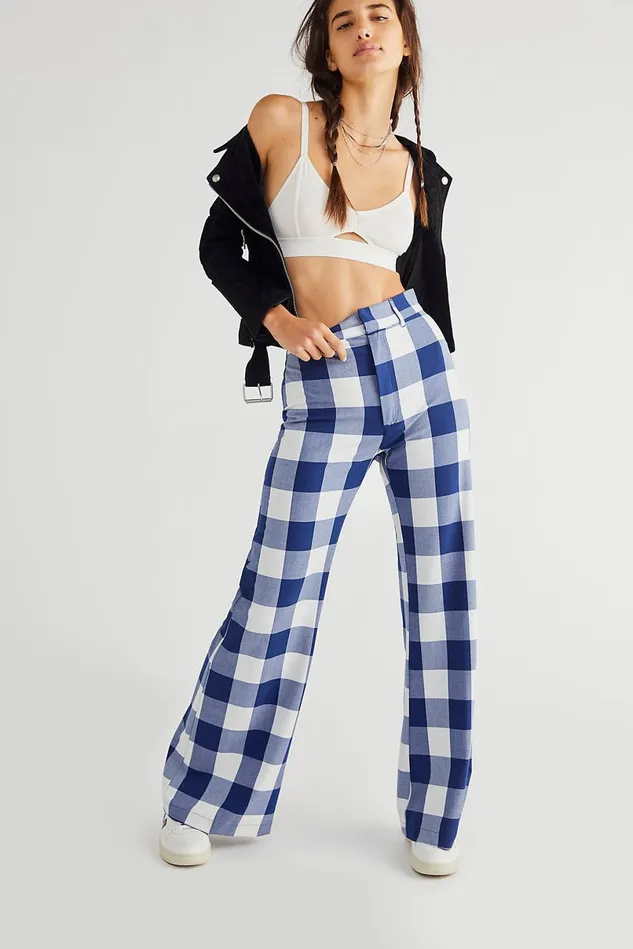 Women Pants Free People Plaid Jules Pants Navy Gingham