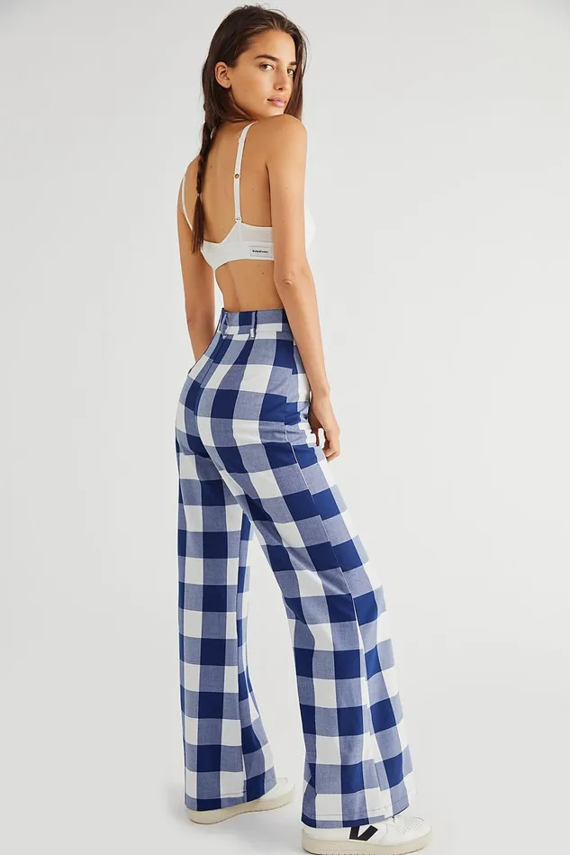 Women Pants Free People Plaid Jules Pants Navy Gingham