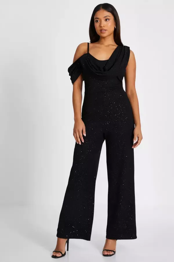 Women Petite Black Glitter Palazzo Jumpsuit Quiz Clothing Jumpsuits