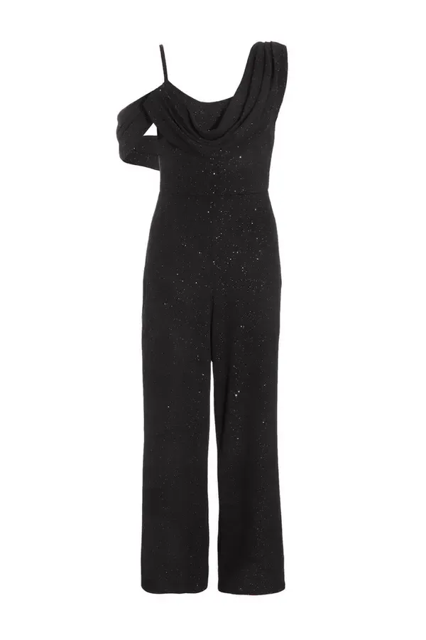 Women Petite Black Glitter Palazzo Jumpsuit Quiz Clothing Jumpsuits