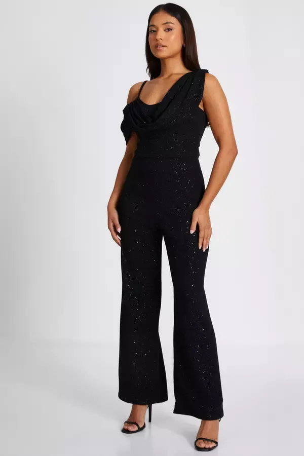 Women Petite Black Glitter Palazzo Jumpsuit Quiz Clothing Jumpsuits