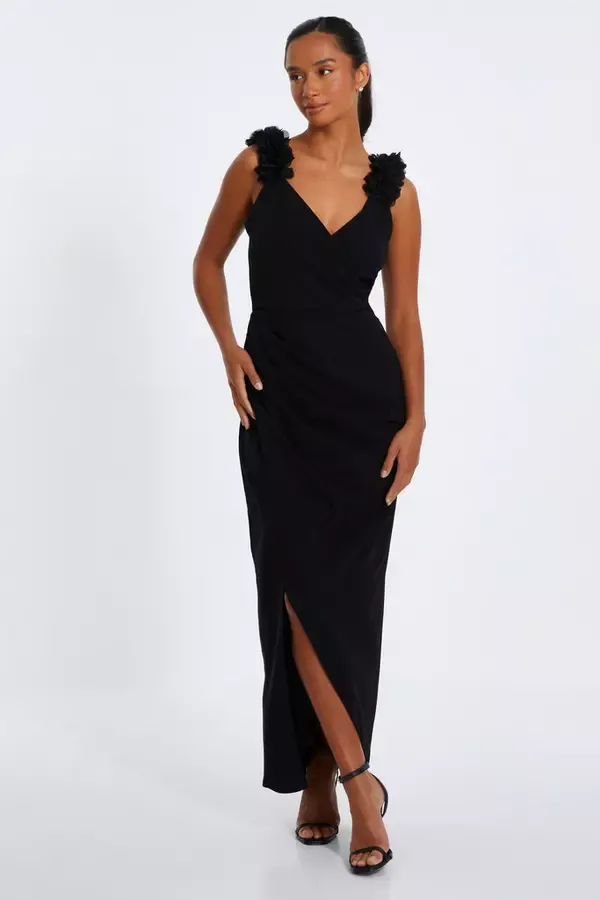 Women Petite Black Ruffle Wrap Maxi Dress Quiz Clothing Dresses