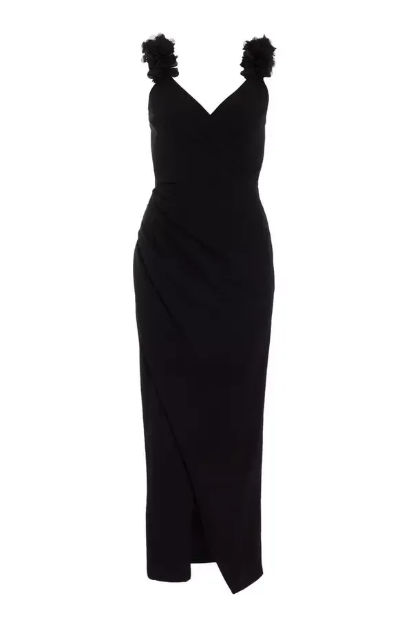 Women Petite Black Ruffle Wrap Maxi Dress Quiz Clothing Dresses