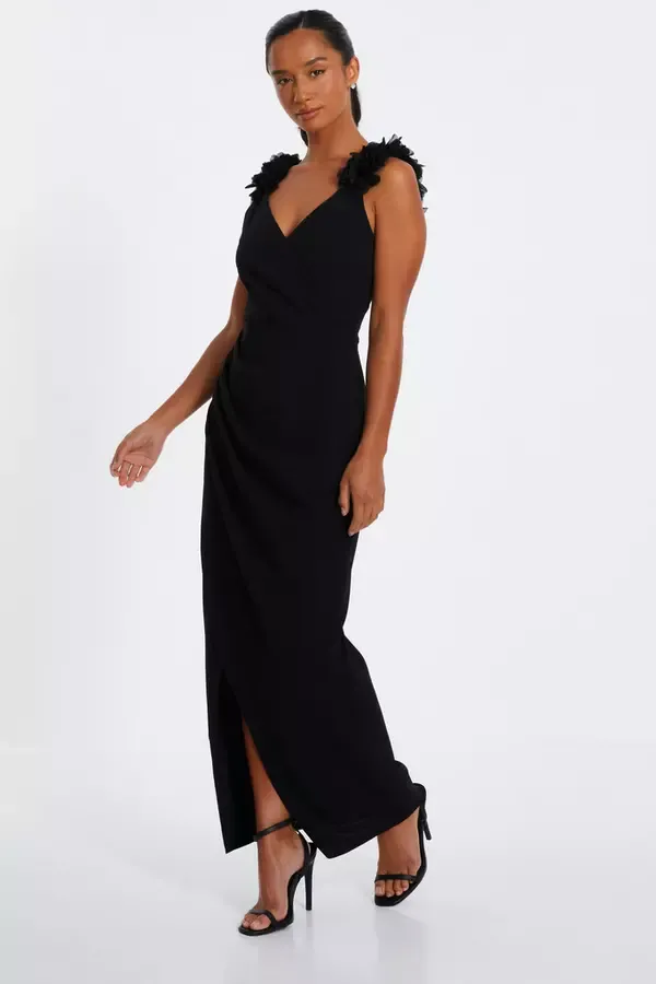 Women Petite Black Ruffle Wrap Maxi Dress Quiz Clothing Dresses
